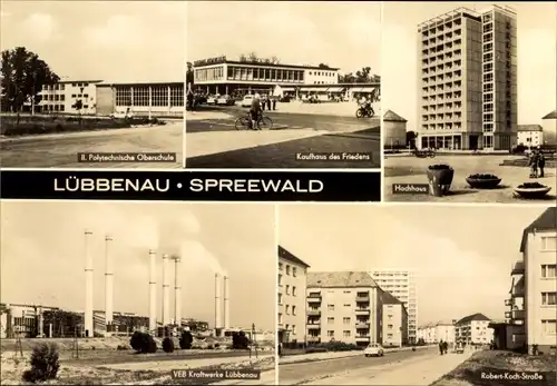 Ak Lübbenau im Spreewald, Oberschule, Hochhaus, Kaufhaus, VEB Kraftwerke, Robert Koch Straße