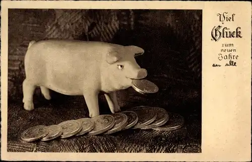 Ak Glückwunsch Neujahr, Schwein mit mehreren Münzen, Glücksschwein