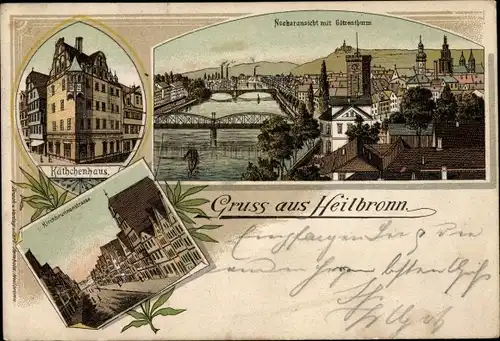 Litho Heilbronn in Baden Württemberg, Neckaransicht mit Götzenturm, Käthchenhaus, Kirchbrunnenstraße