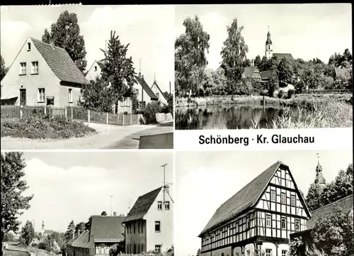 Ak Schönberg Sachsen, Kirche, Fachwerkhaus, Ortspartien