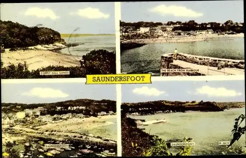 Ak Saundersfoot Wales, Coppit Hall Sands, Beach from harbour, boats, total view