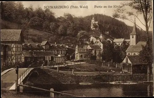 Ak Schwarzburg im Schwarzatal Thüringen, Partie an der Kirche