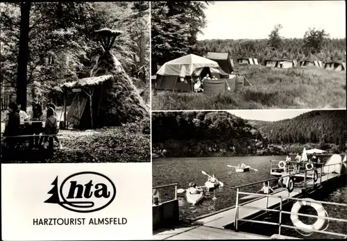 Ak Almsfeld Wendefurth Thale im Harz, HTA, Köhlerhütten, Campingplatz, Bootsanlegestelle Wendefurt