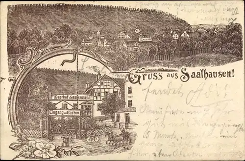 Litho Saalhausen Freital in Sachsen, Gasthof Saalhausen, Eingang zum Garten, Panorama vom Ort