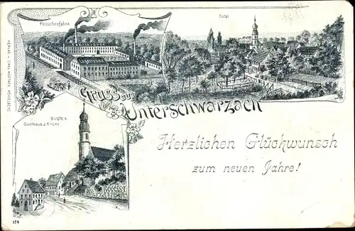 Litho Unterschwarzach Schwarzach Odenwald, Totalansicht, Peitschenfabrik, Kirche, Gasthaus z. Krone