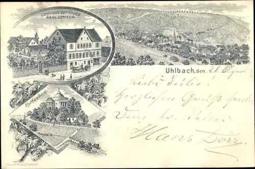 Litho Uhlbach Stuttgart in Baden Württemberg, Gasthaus zur Krone, Panorama vom Ort, Rothenberg