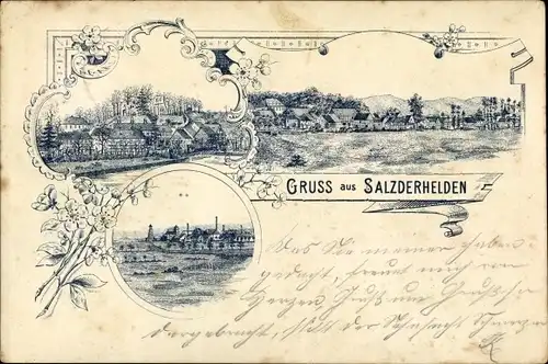 Litho Salzderhelden Einbeck in Niedersachsen, Panorama vom Ort, Fachwerkhäuser