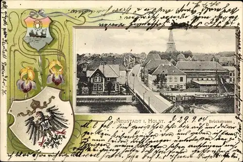 Präge Wappen Ak Neustadt in Holstein, Brückstraße, Segelschiff