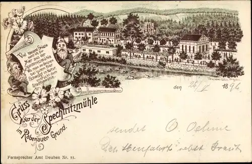 Litho Rabenau im Erzgebirge, Spechtritzmühle im Rabenauer Grund, Gedicht