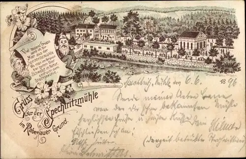 Litho Rabenau im Erzgebirge, Spechtritzmühle im Rabenauer Grund, Gedicht