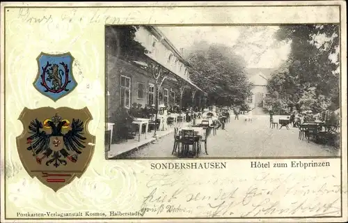 Präge Wappen Ak Sondershausen im Kyffhäuserkreis Thüringen, Hotel zum Erbprinzen, Terrasse