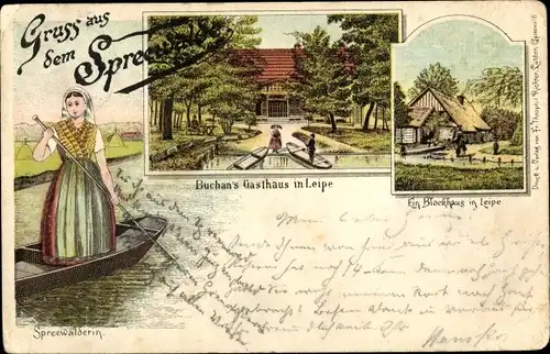 Litho Lübbenau im Spreewald, Spreewälderin in Tracht, Buchan's Gasthaus, Blockhaus