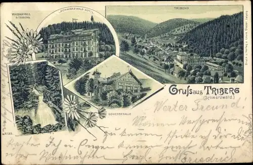 Litho Triberg im Schwarzwald, Wasserfall, Schwarzwaldhotel, Gewerbehalle, Panorama vom Ort