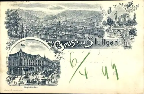 Litho Stuttgart in Baden Württemberg, Panorama vom Ort, Eugensbrunnen, Königin Olga Bau