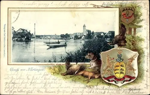 Präge Wappen Ak Nürtingen im Kreis Esslingen, Uferpartie, Ruderboote, Stadtbild