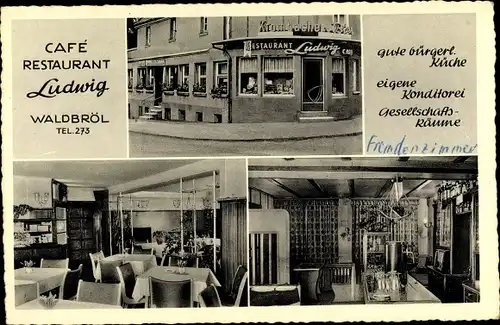 Ak Waldbröl im Oberbergischen Kreis, Café Ludwig, Außen- u. Innenansicht, Esstische, Theke