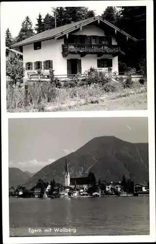 Ak Rottach Egern in Oberbayern, Totalansicht vom Ort, Blick vom Wasser, Kirche, Berg, Haus am Wald