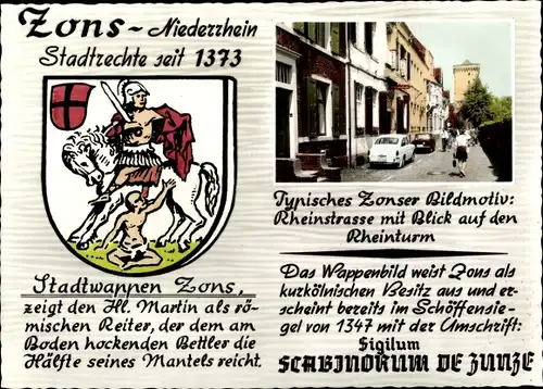 Wappen Ak Zons Dormagen Niederrhein, Rheinstraße mit Blick auf den Rheinturm