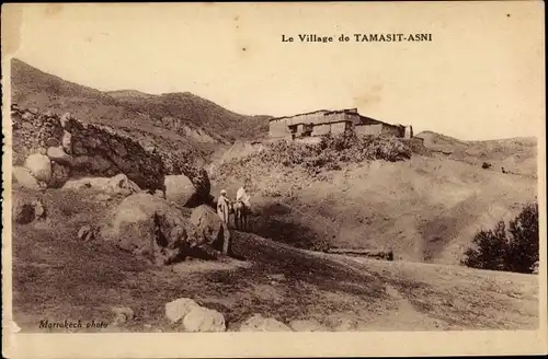 Ak Tamasit Asni Marokko, Le Village, Landschaft, Gebäude, Reiter