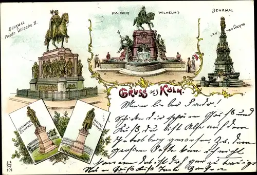 Litho Köln am Rhein, Denkmäler, Friedrich Kaiser Wilhelm II., Kaiser Wilhelm I., Jan von Werth