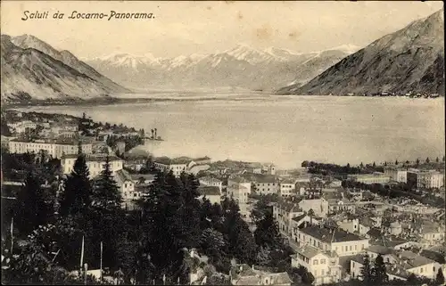 Ak Locarno Kt. Tessin Schweiz, Panorama der Ortschaft, Gebirge