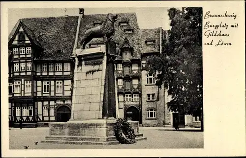 Ak Braunschweig in Niedersachsen, Burgplatz mit Gildehaus und Löwen