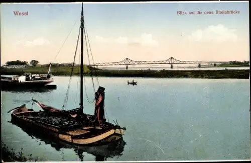 Ak Wesel am Niederrhein, Blick auf die neue Rheinbrücke, Segelboot