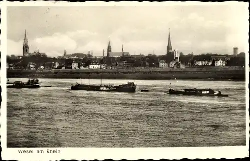 Ak Wesel am Niederrhein, Panorama vom Ort, Binnenschiffe