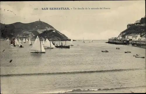 Ak San Sebastian Baskenland, Un detalle de la entrada del Puerto, Segelboote, Salondampfer
