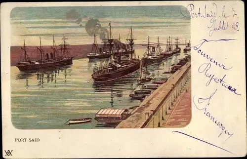 Litho Port Said Ägypten, Port, paquebots a vapeur