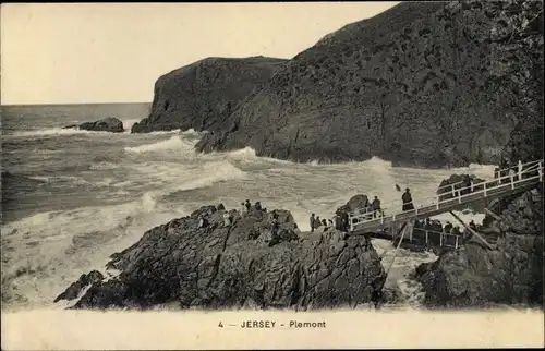 Ak Jersey Kanalinseln, Plemont, Seebrücke, Brandung, Felsenbucht