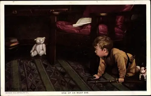 Künstler Ak Sigsbecker, Mary, One of us must die, kleiner Junge spielt mit seinem Teddy