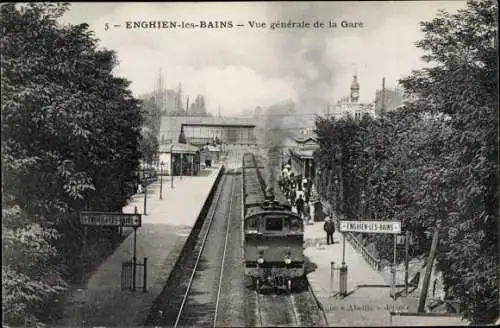 Ak Enghien les Bains Val d'Oise, Vue générale de la Gare, chemin de fer