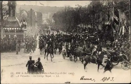 Ak Versailles Yvelines, le Roi et la Reine d'Italie a Paris 1903, Le Cortege Royal, Kutsche