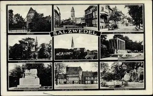 Ak Salzwedel in der Altmark, Steintor, Ehrenmal, Katharinenkirche, Schulenburgpark, Marienkirche