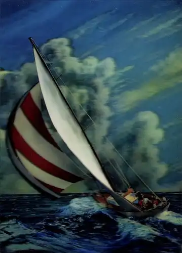 3 D Ak Segelboot in voller Fahrt auf dem Meer, Wolken, Wellen