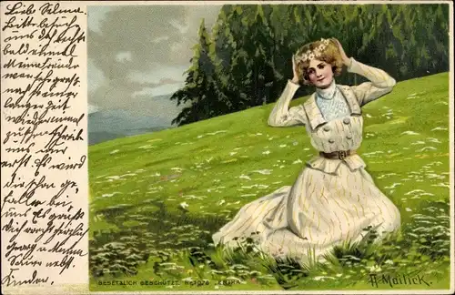 Künstler Litho Mailick, A., Frau mit Blumenkranz im Haar sitzt im Gras