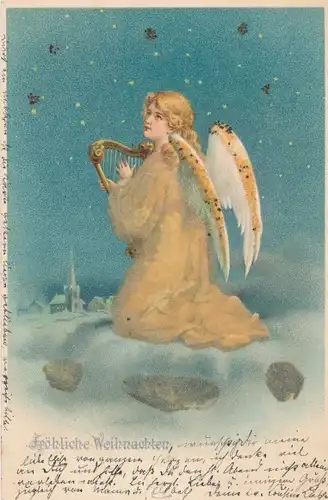 Glitzer Litho Glückwunsch Weihnachten, Engel mit Handharfe auf einer Wolke