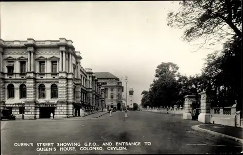 Ak Colombo Ceylon Sri Lanka, Queen's Street shwoing GPO and entrance to Queen's House
