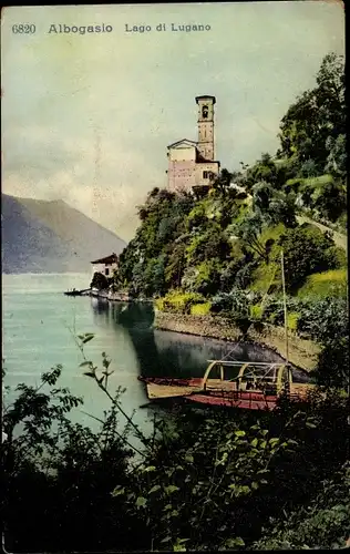 Ak Albogasio Valsolda Como Lombardia, Lago di Lugano, Uferpartie, Kirche, Segelboot