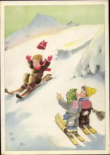 Künstler Ak Skiläufer, Kinder auf Skiern, Wintersport