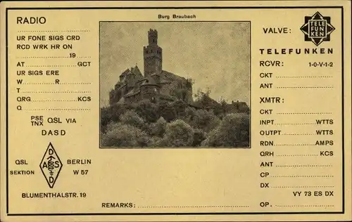 Ak Braubach im Rhein Lahn Kreis, Blick auf die Burg, Radio, QSL