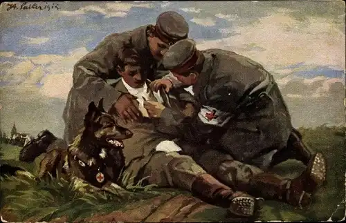 Künstler Ak Verwundeter Soldat, Rotes Kreuz, Sanitätshund