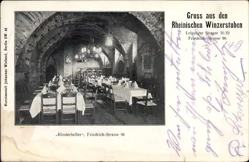 Ak Berlin Mitte, Blick in den Klosterkeller der Rheinischen Winzerstuben, Friedrich Straße 96