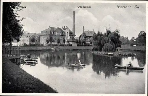 Ak Meerane in Sachsen, Ruderpartie auf dem Gondelteich, Häuser, Fabrik