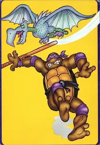 Künstler Ak Comic, Teenage Mutant Ninja Turtles, Drache, Schildkröte mit Kampfstab