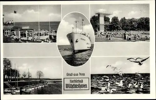 Ak Wilhelmshaven in Niedersachsen, Dampfschiff, Freibad, Sprungturm, Möwen