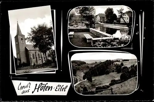 Ak Höfen Monschau Montjoie in der Eifel, Kirche, Teich, Panorama