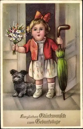 Ak Glückwunsch Geburtstag, Gratulantin mit Blumenstrauß, Schirm, Hund