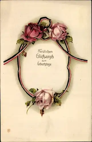 Präge Litho Glückwunsch Geburtstag, Drei rosa Rosenblüten